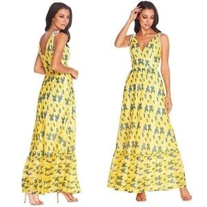 Dress‎ the Population Sunny Floral Embroidery Tiered Dress Canary Yellow Small